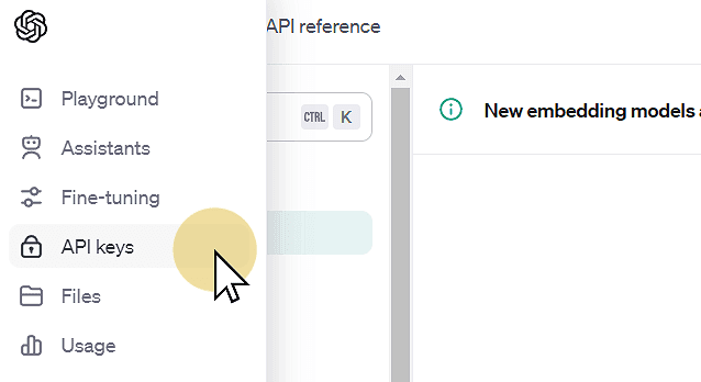 Go to API keys screen